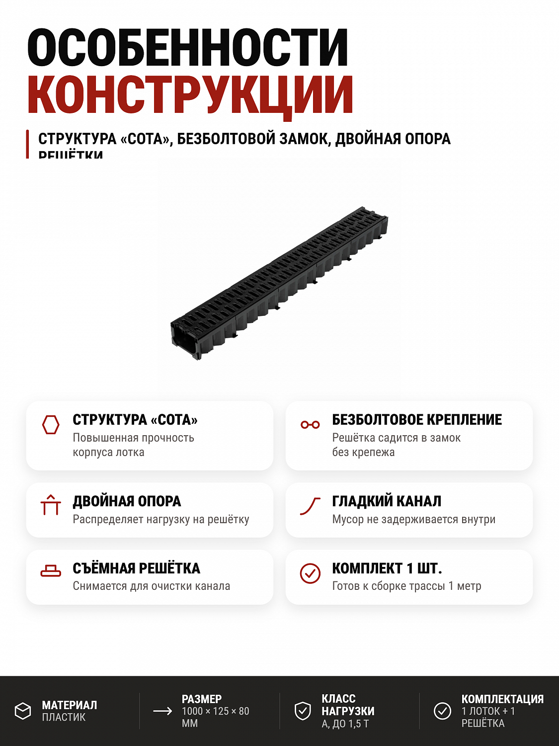 Лоток водоотводный пластиковый 1000х100х80мм КВ 12,5*8 DN100 в комплекте с пластиковой решеткой